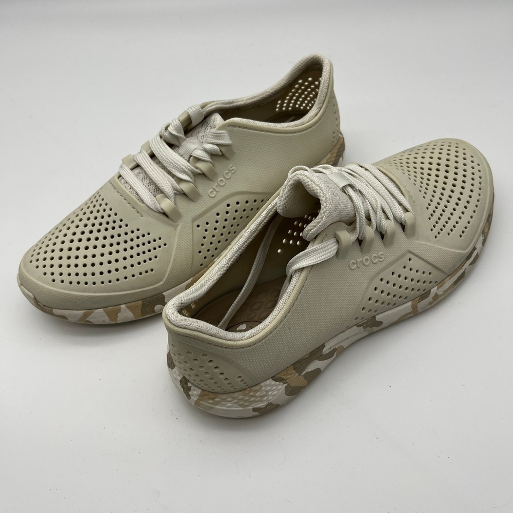 Crocs LiteRide Pacer Camo Sneakers Womens 9 Bone Tan Beige Lace Up‎ 206494